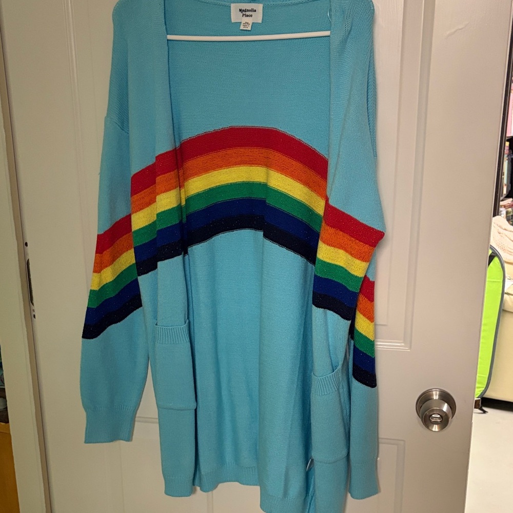 Magnolia Place Blue Cardigan with Rainbow Design